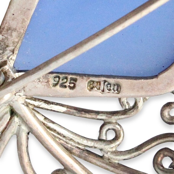 Sajen Sterling Silver Butterfly Pendant / Brooch Blue Cat’s Eye Glass Stone - Picture 5 of 5